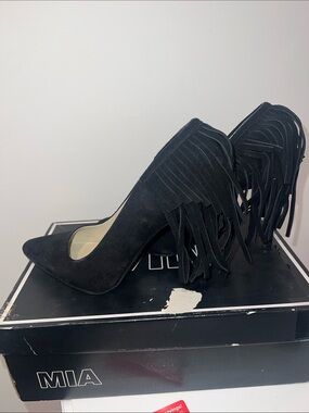 MIA Black Suede Fringe Pointed Pumps
